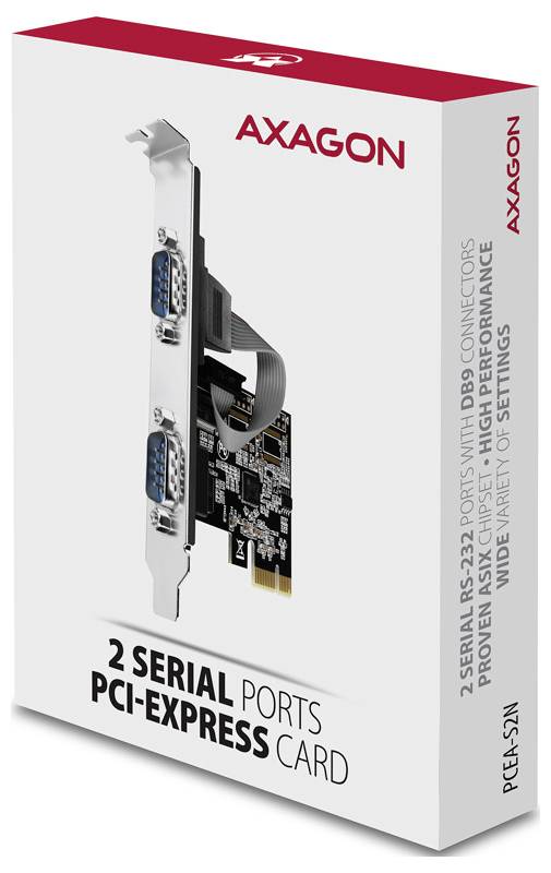 AXAGON-Einzelhandelskarton für eine PCI-Express-Karte mit 2 seriellen Anschlüssen, auf dem die Erweiterungskarte und der Text „2 SERIAL PORTS PCI-EXPRESS CARD