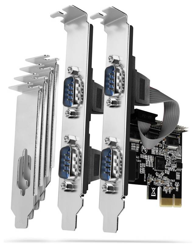 PCIe-Erweiterungskarte mit zwei silbernen Halterungen und vier blauen VGA-ähnlichen Anschlüssen, verbunden durch ein Flachbandkabel mit der Leiterplatte.