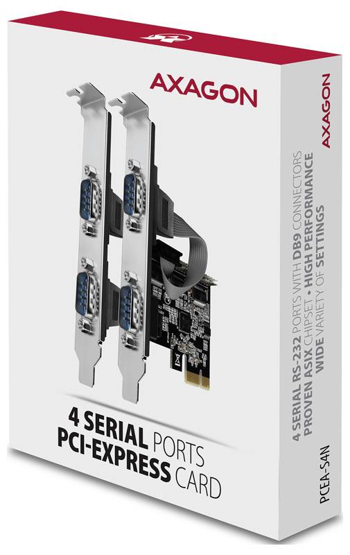 AXAGON Produktverpackung für eine PCI-Express-Karte mit 4 seriellen Anschlüssen, die die Karte und den Text „4 SERIAL PORTS PCI-EXPRESS CARD