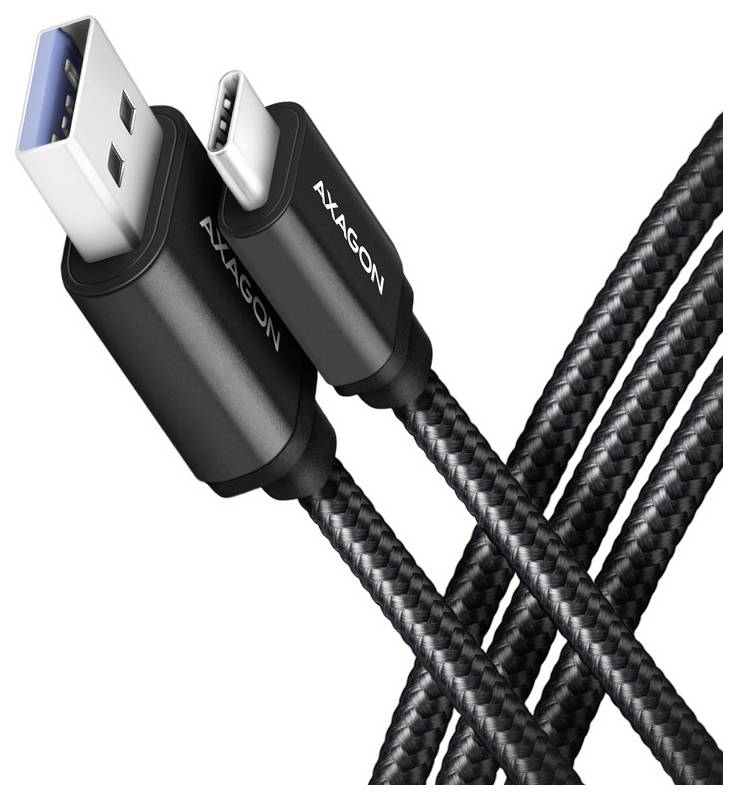 Nahaufnahme von zwei schwarzen geflochtenen USB-Kabeln mit Steckverbindern, eines USB-A und eines USB-C, mit der Aufschrift 