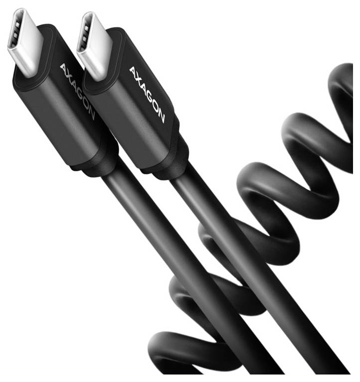 Zwei schwarze AXAGON USB-C-Kabel mit abgewinkelten Steckern und einem spiralig aufgewickelten Kabelabschnitt auf weißem Hintergrund.