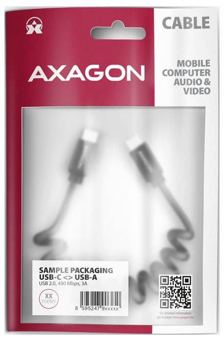 AXAGON USB-C auf USB-A Kabel Beispielverpackung, mit der Bezeichnung „KABEL