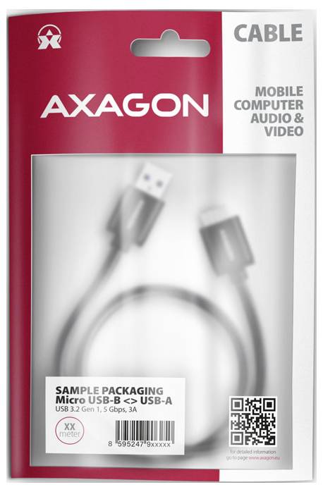 AXAGON Kabelverpackung für ein Micro USB-B zu USB-A Kabel, das den Produktnamen und die Verwendung für mobile Computer Audio-/Videozwecke zeigt.