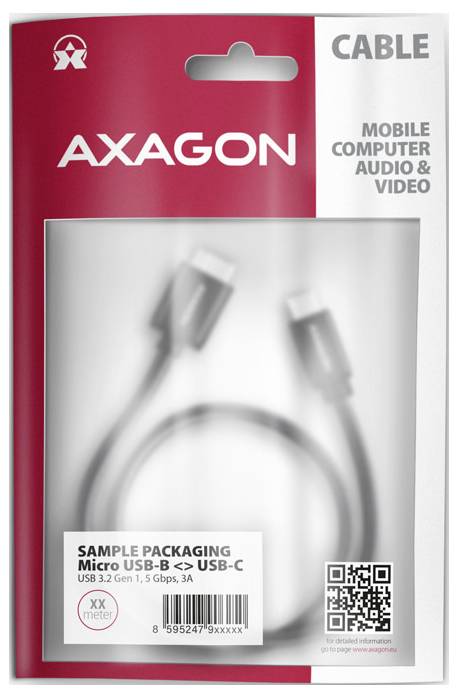 AXAGON-Musterverpackung für ein Micro-USB-B zu USB-C-Kabel, mit der Bezeichnung 