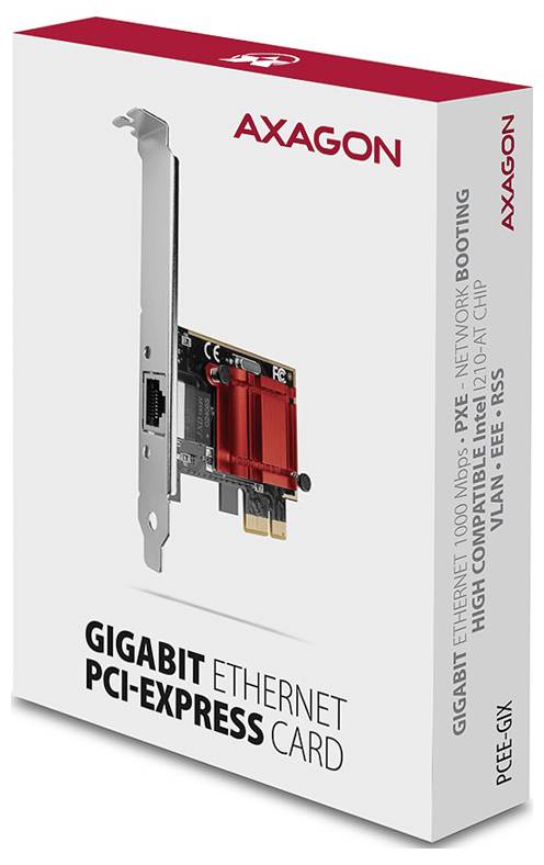 Produktbox für AXAGON-Gigabit-Ethernet-PCI-Express-Karte, zeigt den Adapter und den Text „GIGABIT ETHERNET PCI-EXPRESS CARD" und „AXAGON".