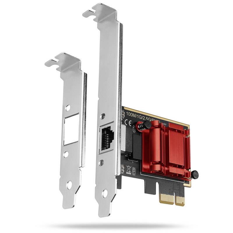 Low-Profile-PCIe-Netzwerkadapterkarte mit rotem Kühlkörper und zwei Metallbefestigungsplatten für verschiedene Gehäusegrößen.