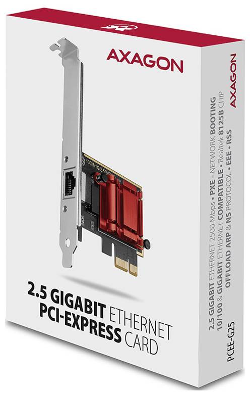 AXAGON 2.5 Gigabit Ethernet PCI-Express-Karte Einzelhandelsverpackung mit Adapter und Produktname.
