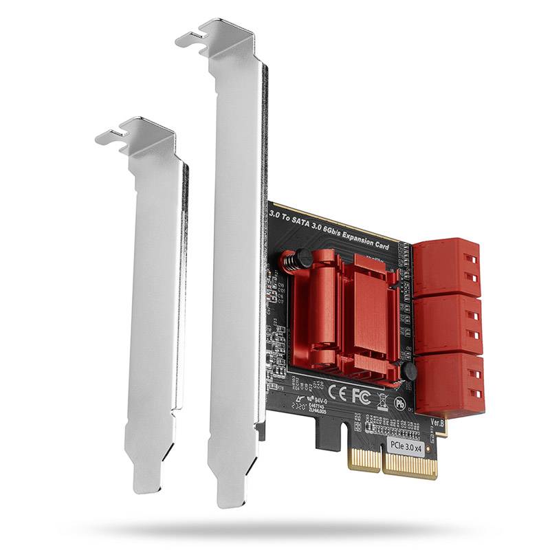 PCIe SATA-Erweiterungskarte mit zwei Metallbügelverschlüssen, roten SATA-Anschlüssen und vergoldetem Kantenverbinder auf weißem Hintergrund.