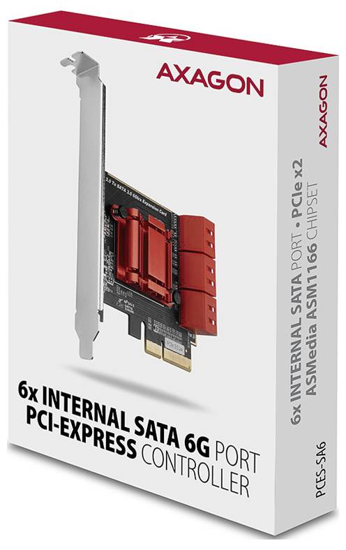AXAGON PCIe x2 SATA-Controller-Kartenschachtel zeigt einen 6x internen SATA 6G-Port-Controller für ASMedia ASM1166 Chipset.