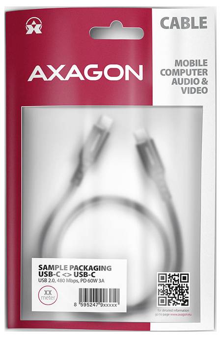 AXAGON Kabelverpackung für ein USB-C zu USB-C Beispielkabel, mit Produktetikett, Barcode, QR-Code und „KABEL