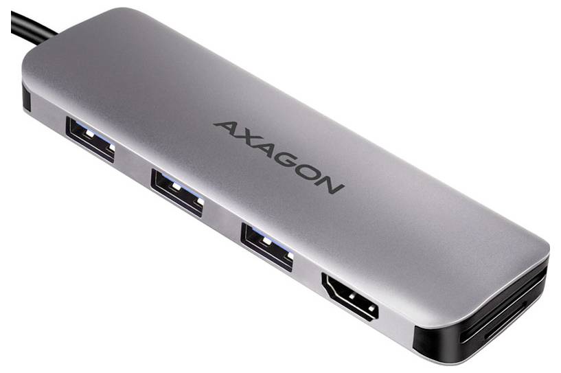 Silberner AXAGON USB-Hub mit vier Anschlüssen, dargestellt auf weißem Hintergrund, mit drei USB-A-Anschlüssen und einem HDMI-Anschluss.