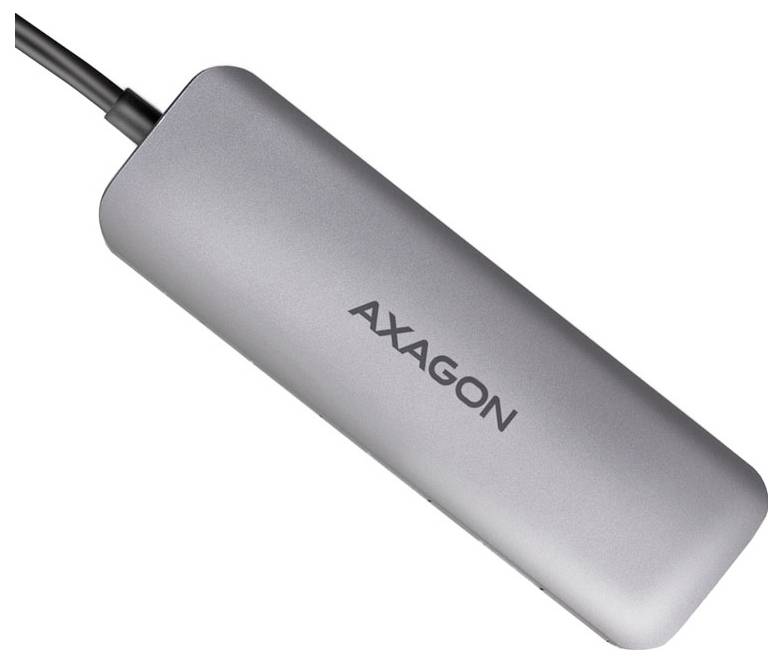 Silberner AXAGON USB-C-Adapter-Dongle mit angeschlossenem Kabel auf weißem Hintergrund.