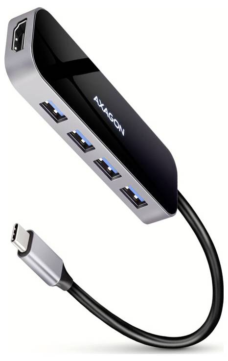 Black AXAGON USB-C hub with one USB-A port and four blue USB 3.0 ports, attached to a short USB-C cable.