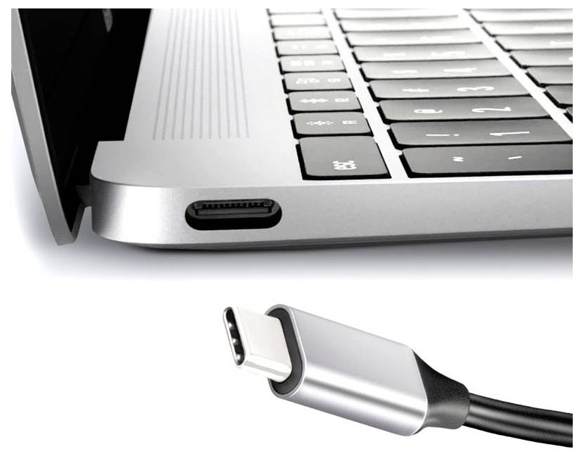 Nahaufnahme eines USB-C-Anschlusses eines Laptops und eines passenden USB-C-Steckers, die die Verbindung zwischen Gerät und Kabel zeigen.