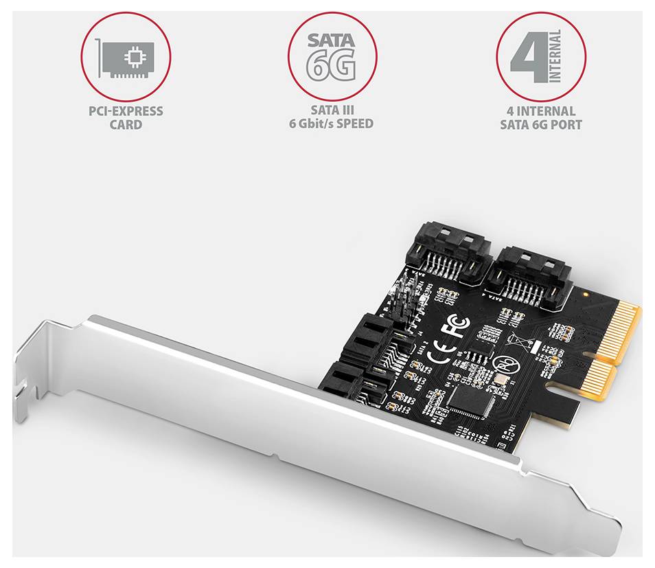 PCI-Express SATA III Erweiterungskarte mit vier internen SATA 6G Anschlüssen, dargestellt mit Produktsymbolen oben und die Karte in einem Metallrahmen angewinkelt.
