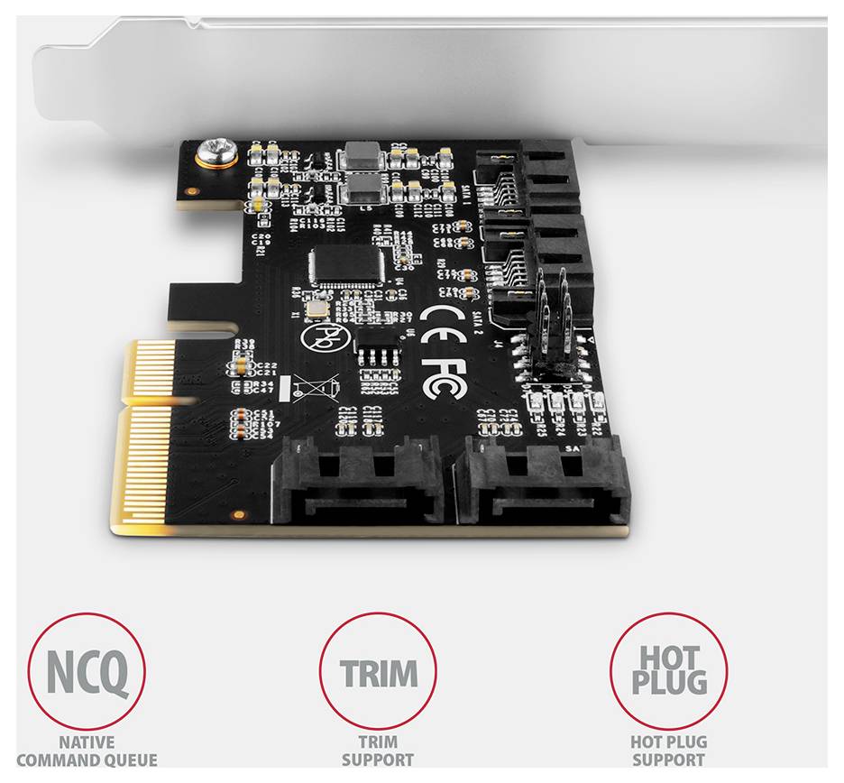 PCIe-Erweiterungskarte mit gekennzeichneten Funktionen: „NCQ" native Warteschlange, „TRIM"-Unterstützung und „HOT PLUG".