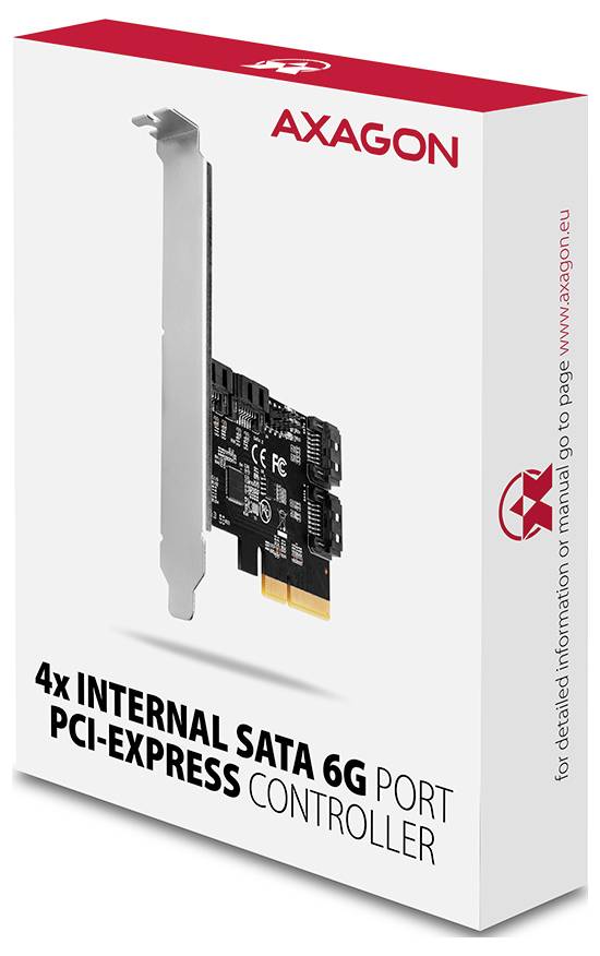 AXAGON 4x interner SATA 6G PCI-Express Controller-Karte Produktbox mit PCIe-Erweiterungskarte Bild und Website-Text.