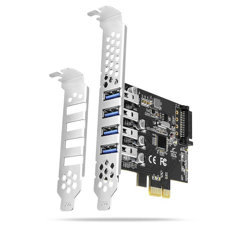 PCIe-Erweiterungskarte mit zwei Metallbügeln, zeigt vier blaue USB-3.0-Anschlüsse und einen SATA-Stromstecker.