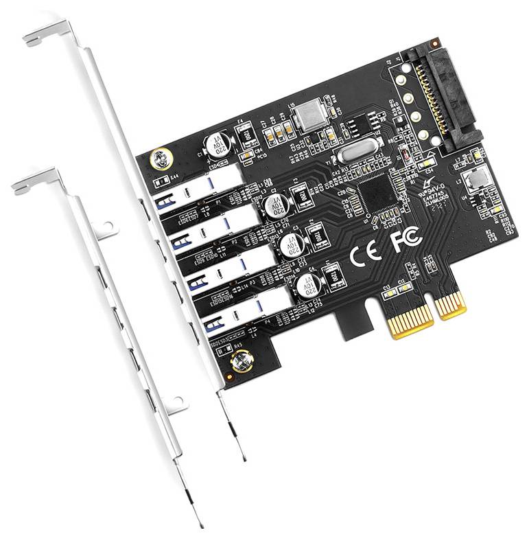 PCIe-Erweiterungskarte mit vier gestapelten USB-Anschlüssen und zwei Metallmontagehalterungen, gezeigt auf weißem Hintergrund.