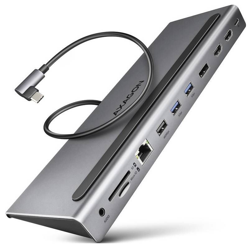 Axxcon USB-C Laptop-Dockingstation mit angeschlossenem USB-C-Kabel, mehrere Anschlüsse einschließlich USB, Ethernet, HDMI und Audio.