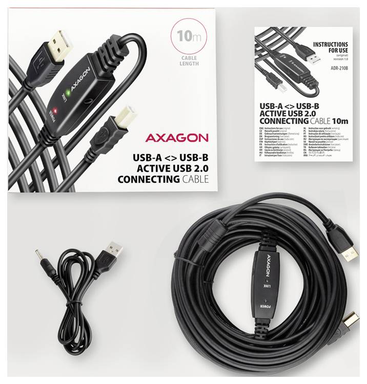 Produktbild eines AXAGON USB-A zu USB-B aktiven USB 2.0 Verbindungskabels, 10 m lang, aufgerollt mit Verpackung und Anleitung.
