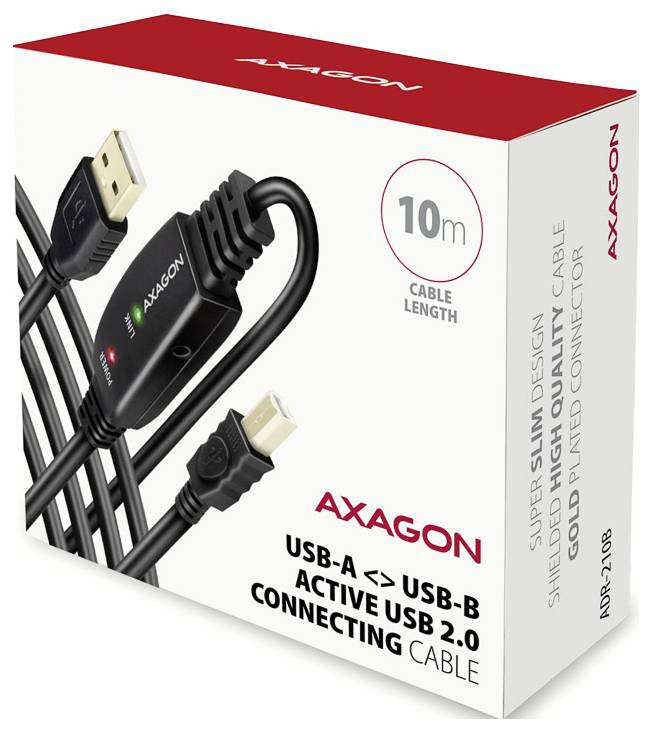Axagon 10 m aktives USB 2.0 Verbindungskabel in einer Box für USB-A auf USB-B, mit schlanken vergoldeten Steckern und Kabellong-Etikett.