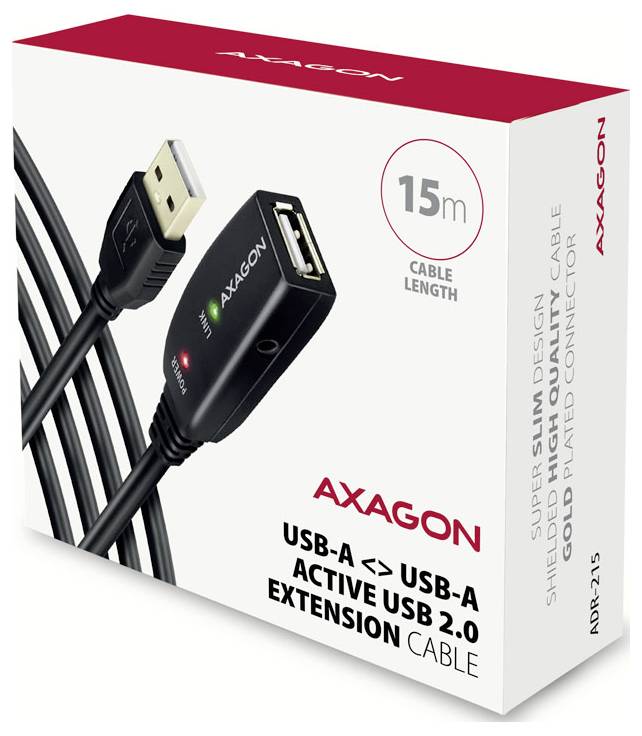 Axagon USB-A auf USB-A aktives USB 2.0 Verlängerungskabel, 15 m lang, abgebildet auf der Produktverpackung.