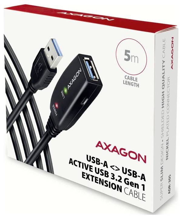 AXAGON USB-A zu USB-A aktives USB 3.2 Gen 1 Verlängerungskabel, 5 m Länge, mit USB-Steckern dargestellt.