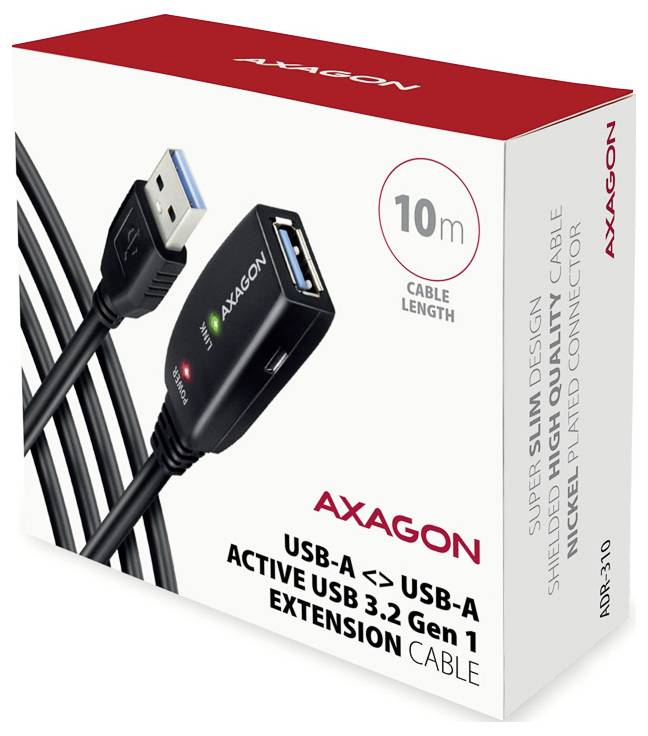 AXAGON USB-A auf USB-A aktives USB 3.2 Gen 1 Verlängerungskabel Box, 10 m Länge, mit schlankem Design und betriebener Buchse.