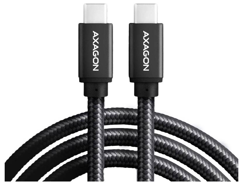Zwei schwarze geflochtene USB-C-Kabel mit AXAGON-Steckern auf weißem Hintergrund.