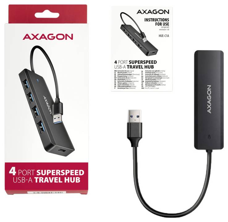 AXAGON 4-Port Superspeed USB-A Reisehub, verpackt gezeigt, mit Produktfoto, Bedienungsanleitung und Nahaufnahme des Hubs und angeschlossenem Kabel.