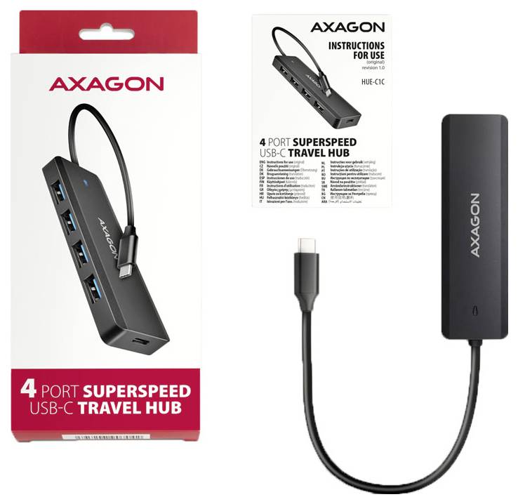 AXAGON 4-Port SuperSpeed USB-C Reisehub mit angeschlossenem USB-C-Kabel, abgebildet auf der Verpackung, dem Merkblatt und dem Produktfoto.