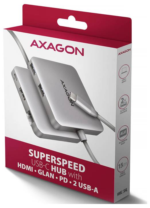 AXAGON Superspeed USB-C Hub Einzelhandelsverpackung mit dem Hub mit HDMI, LAN, PD und 2 USB-A Anschlüssen sowie 15 cm Kabel.