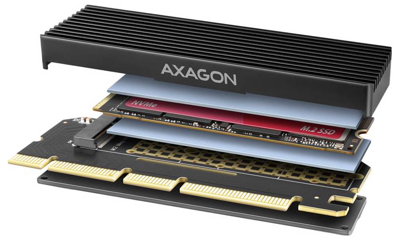 Explodierte Darstellung eines AXAGON M.2 SSD-Gehäuses mit dem Gehäuse, dem internen Laufwerk und der Platine, die auseinander gestapelt sind, um die Komponenten zu zeigen.