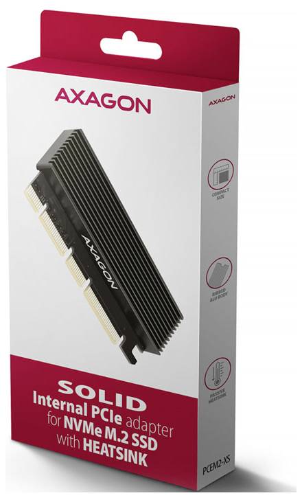 AXAGON SOLID Einzelhandelskarton für einen internen PCIe-Adapter für NVMe M.2 SSD, zeigt einen mit Kühlkörper ausgestatteten schwarzen Adapter und Produktmarkenzeichen.