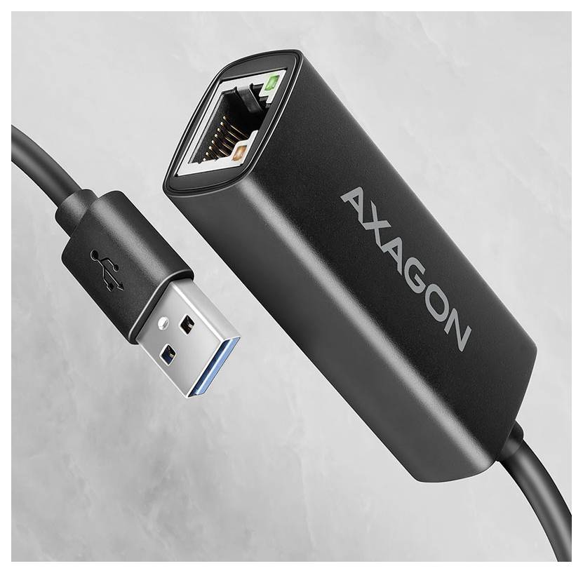 USB-A-zu-Ethernet-Adapterkabel mit AXAGON-Branding, dargestellt mit USB-Anschluss und RJ45-Netzwerkbuchse.