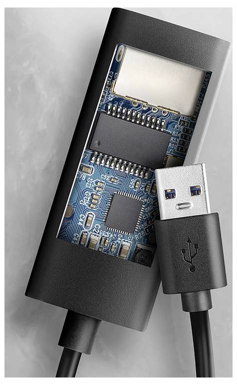 USB-Anschluss und Kabel mit Schnittansicht, die die interne Leiterplatte und elektronische Komponenten zeigt.
