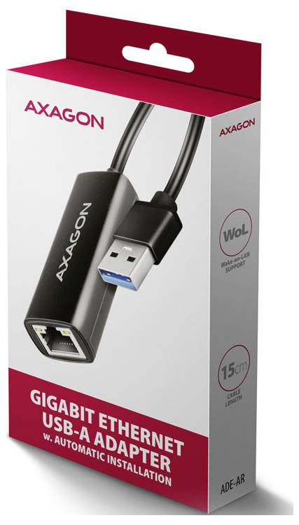 AXAGON Gigabit-Ethernet-USB-A-Adapter in Einzelhandelsverpackung, mit USB-A-Stecker und Ethernet-Anschluss dargestellt; Verpackung vermerkt automatische Installation und 15-cm-Kabel.