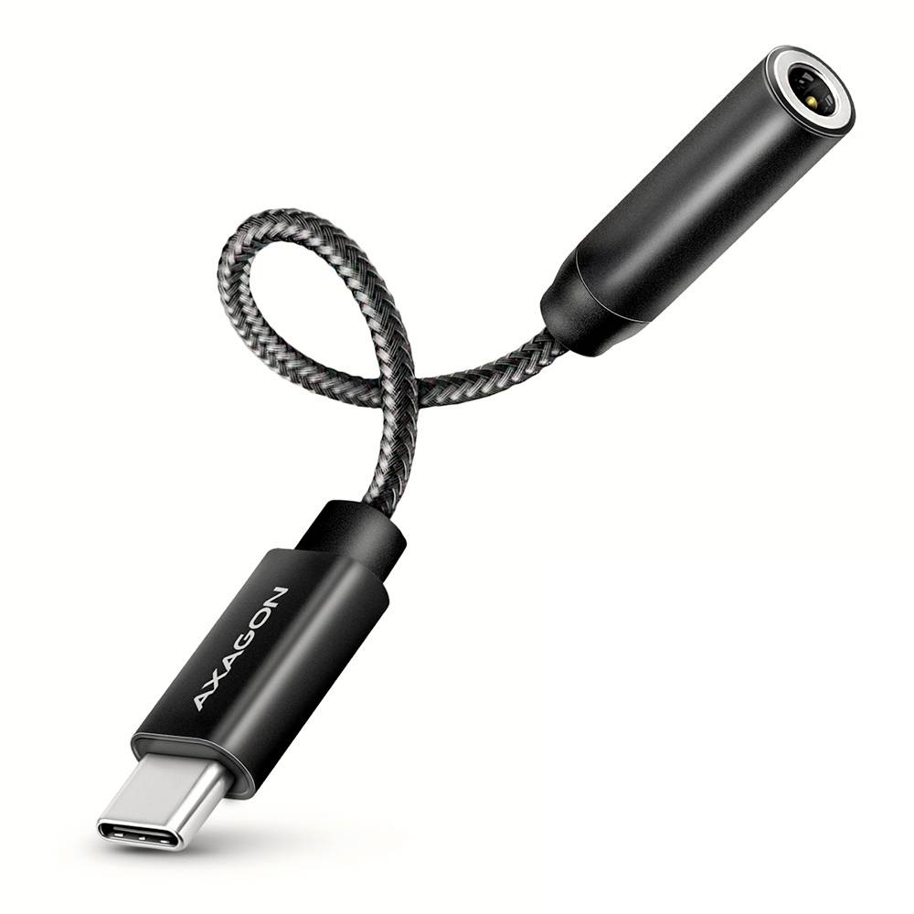 USB-C auf 3,5-mm-Audioadapterkabel mit geflochtenem Kabel und schwarzen Steckern, Marke Axagon.