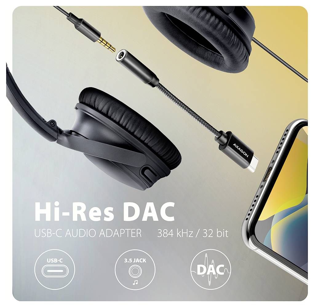Werbebild von schwarzen Over-Ear-Kopfhörern mit einem USB-C-Audioadapter und Telefon, beschriftet mit „Hi-Res DAC