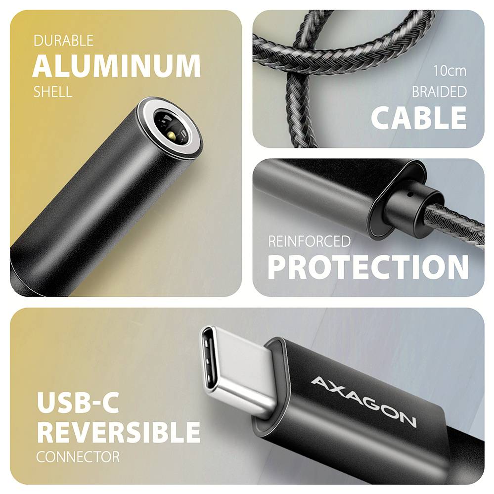 Produktwerbung mit einem schwarzen USB-C-Kabel mit robuster Aluminiumhülle, 10 cm Geflechttkabel, verstärktem Schutz und umkehrbarem Anschluss.