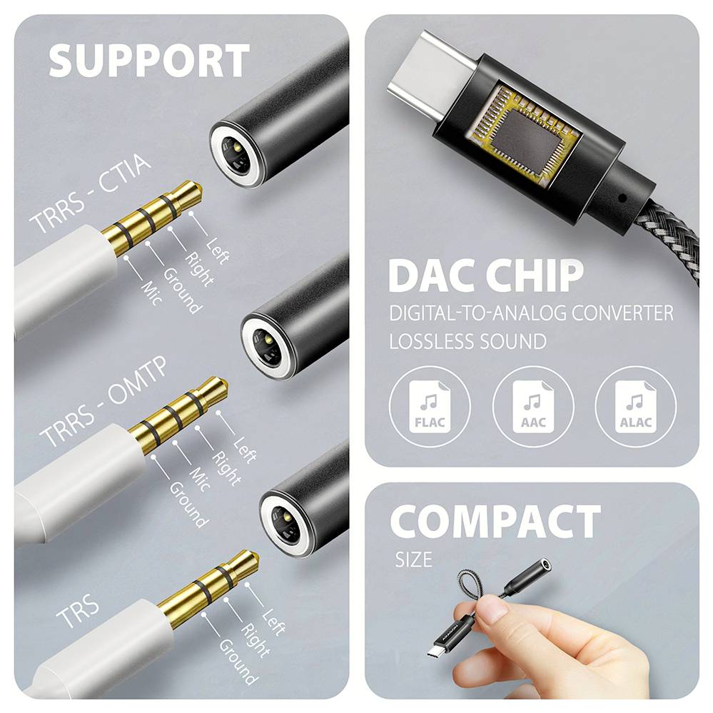 Infografik, die ein Audio-Adapterkabel mit DAC-Chip und kompakter Größe zeigt, das TRRS-CTIA, TRRS-OMTP und TRS-Stecker sowie verlustfreie Audioformate FLAC, AAC und ALAC unterstützt.