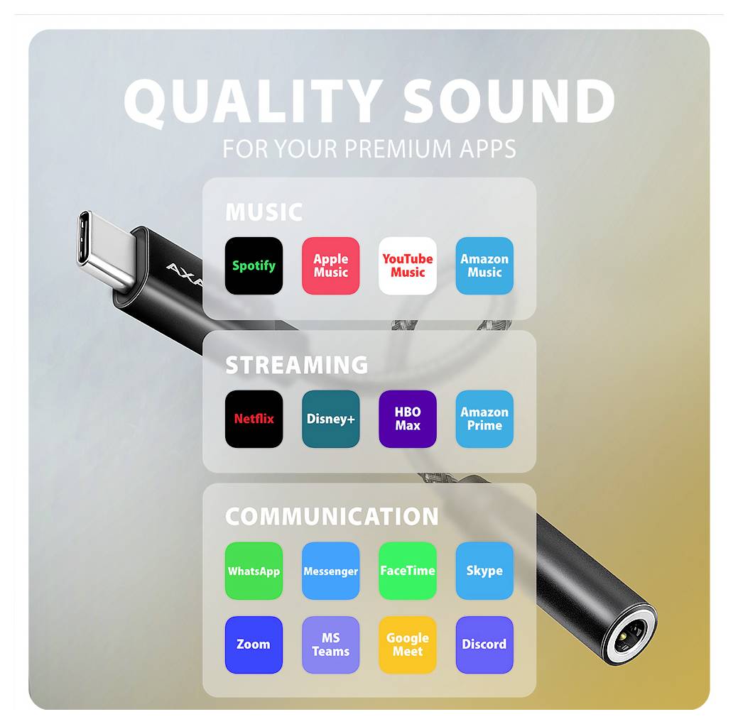 Werbegrafik eines USB-C-Audiokabels mit der Beschriftung „QUALITÄTSKLANG FÜR IHRE PREMIUM-APPS