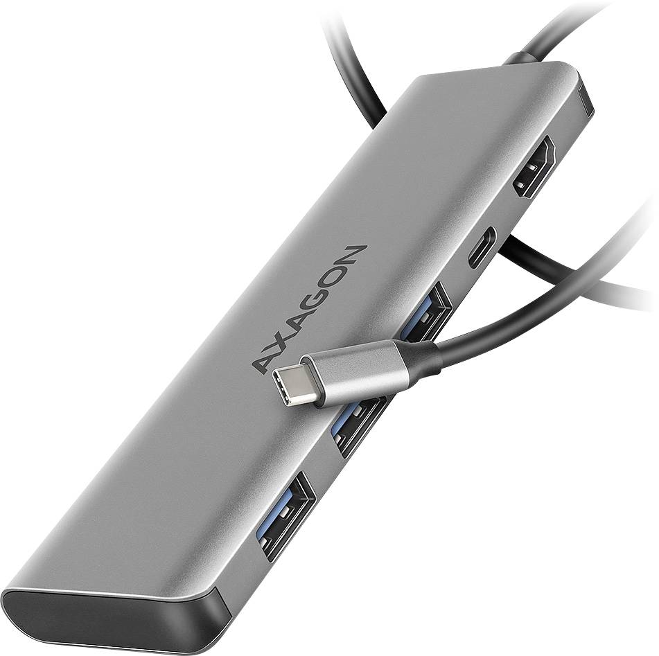 Silberner AXAGON USB-C Hub mit HDMI-, USB-C- und USB-A-Anschlüssen, gezeigt mit verbundenen Kabeln auf weißem Hintergrund.