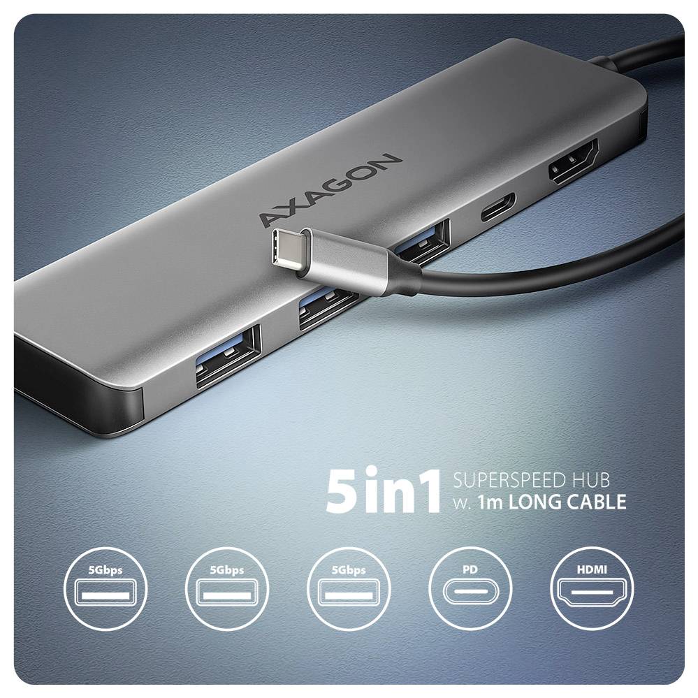 AXAGON 5-in-1 Superspeed USB-C-Hub mit 1m Kabel, zeigt 3 USB 3.0-Anschlüsse, USB-C PD und HDMI-Ausgang.