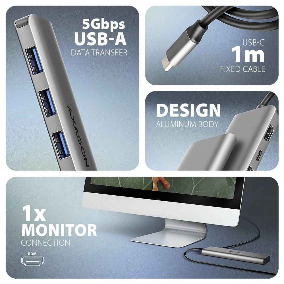 Produktcollage eines silbernen USB-C-Hubs mit 5-Gbps-USB-A-Datentransfer, 1m festverbundenem USB-C-Kabel, Aluminium-Gehäuse und 1x Monitorverbindung über HDMI.