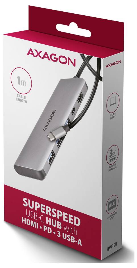 AXAGON SuperSpeed USB-C Hub-Verpackung mit 1-m-Kabel, HDMI, PD 3 und drei USB-A-Anschlüssen.