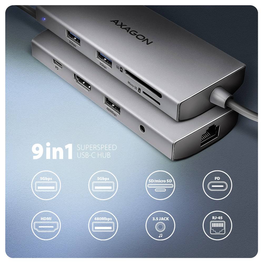 AXAGON 9-in-1 SuperSpeed USB-C Hub mit mehreren Anschlüssen, einschließlich USB, HDMI, SD/microSD, Audio-Buchse, USB-C PD und RJ-45-Ethernet.