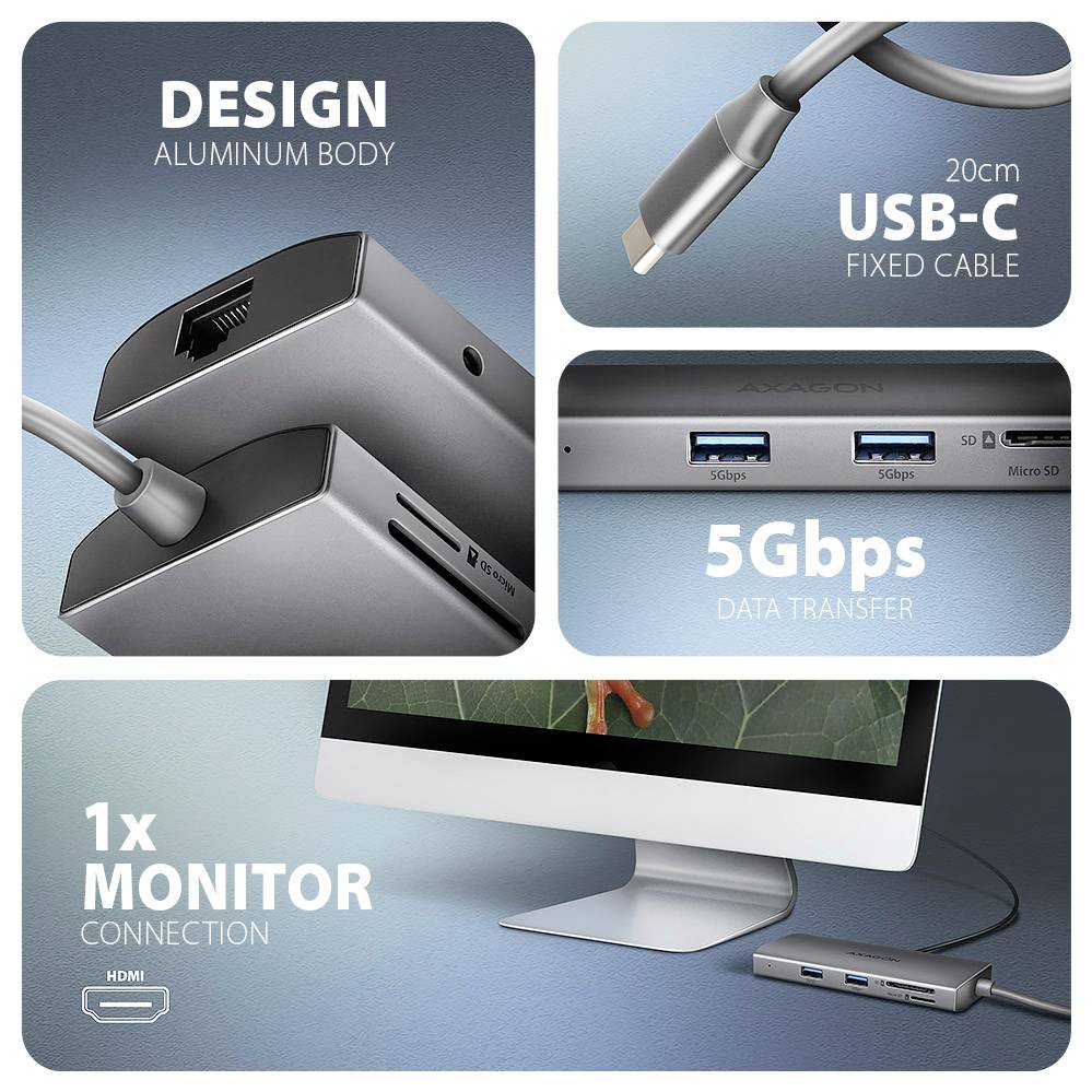 Werbegrafik eines USB-C-Aluminium-Hubs/Docks mit festem Kabel, 5-Gbit/s-Datenübertragung, 20-cm-Kabel, Monitoranschluss, USB-Anschlüssen und Kartensteckplätzen.