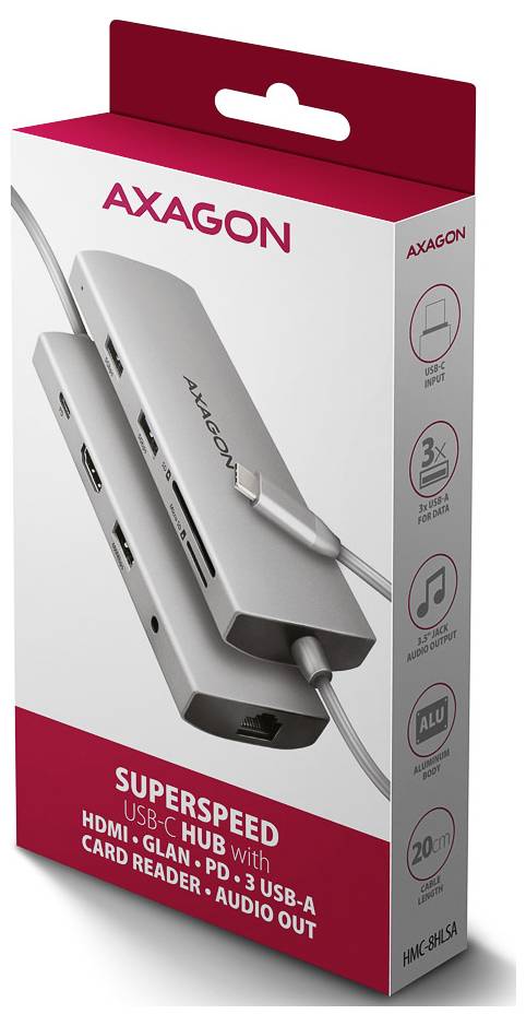 Axagon SuperSpeed USB-C-Hub-Verpackung mit einem silbernen 7-in-1-Adapter mit HDMI, DisplayPort, USB-A, Kartenleser und Audio-Anschlüssen.